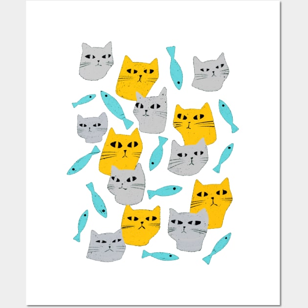 Strange grey and yellow cats with black eyes and blue fish Wall Art by iulistration